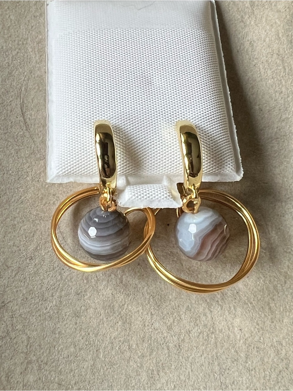 Gold Hoop Drop Earrings with Gray Band Agate Spheres